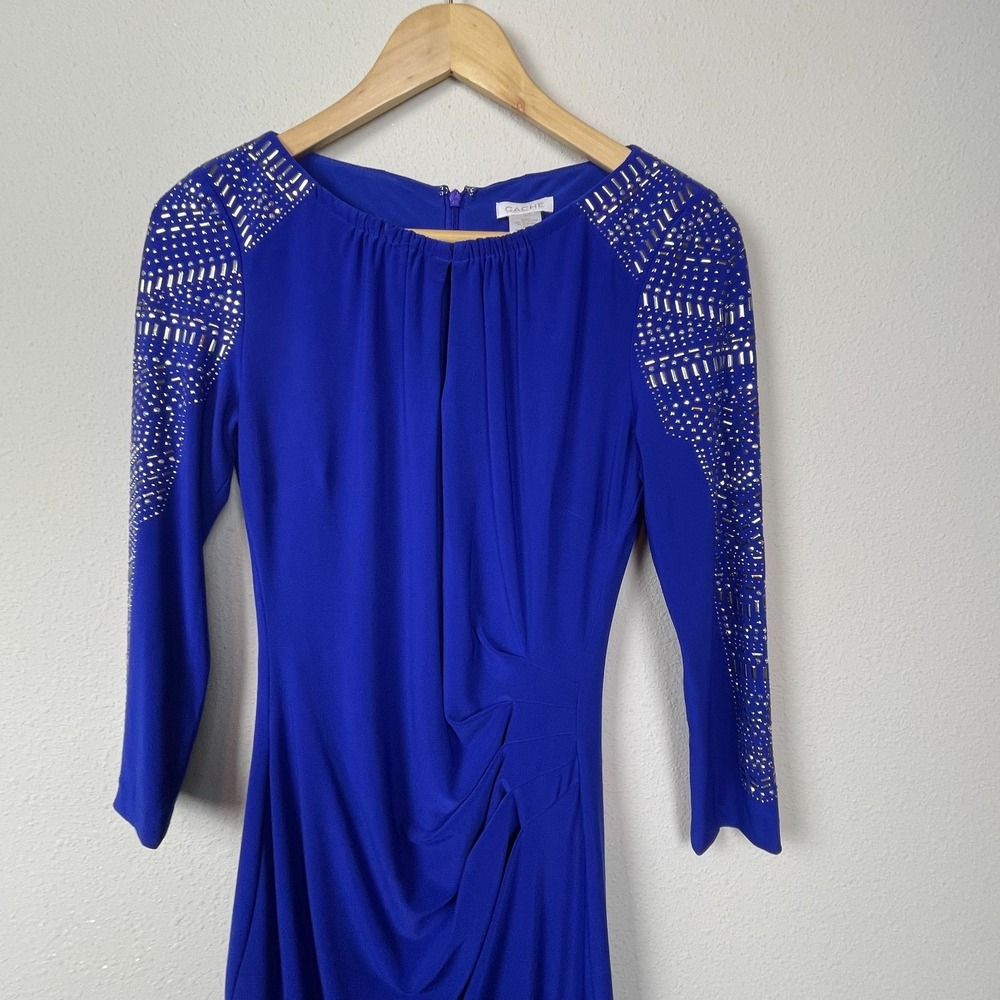 Cache Y2K Blue Embellished Bodycon Dress Size 4 Stretch Drape Party Event - Picture 7 of 7